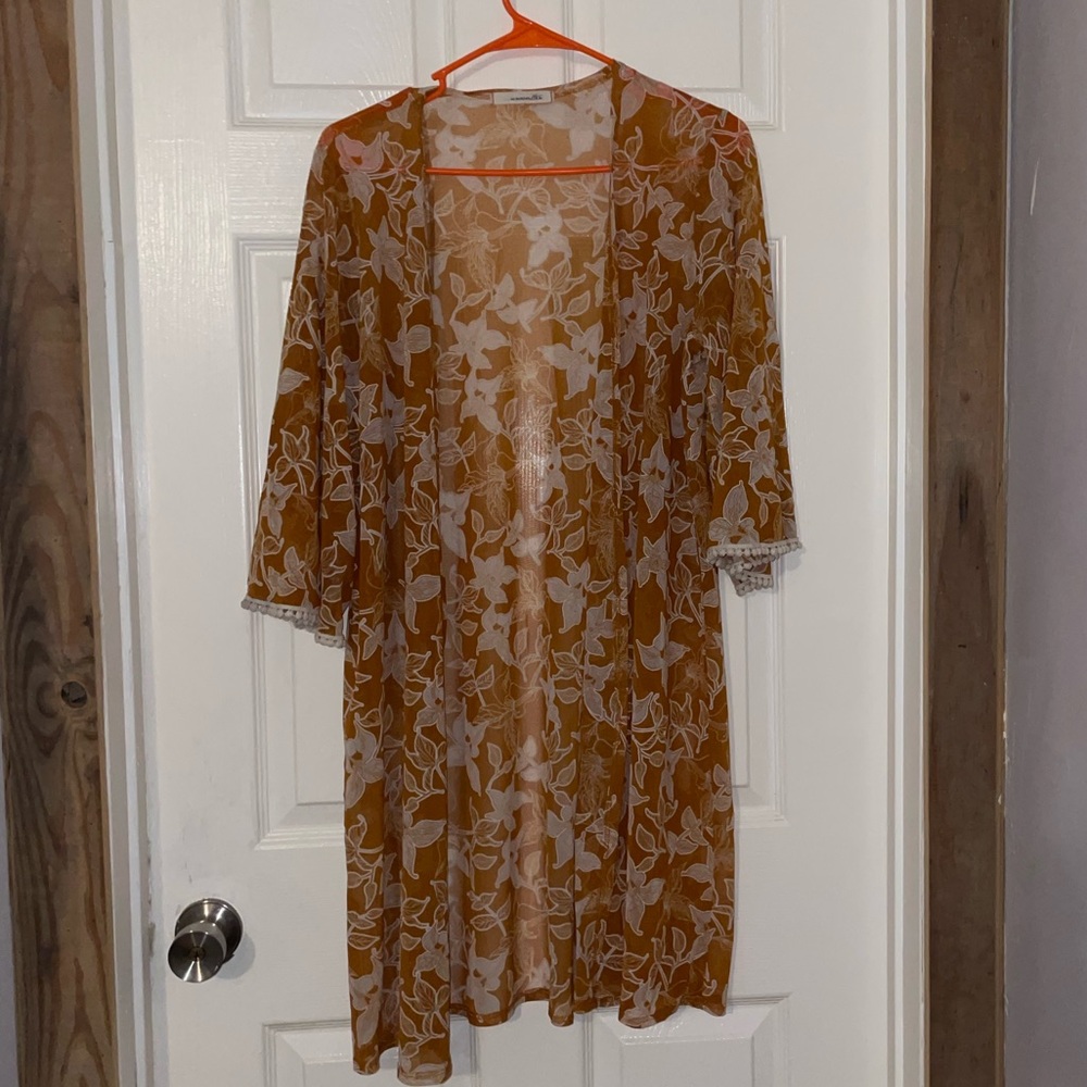 Unwritten Sheer Floral Kimono in Rust and White